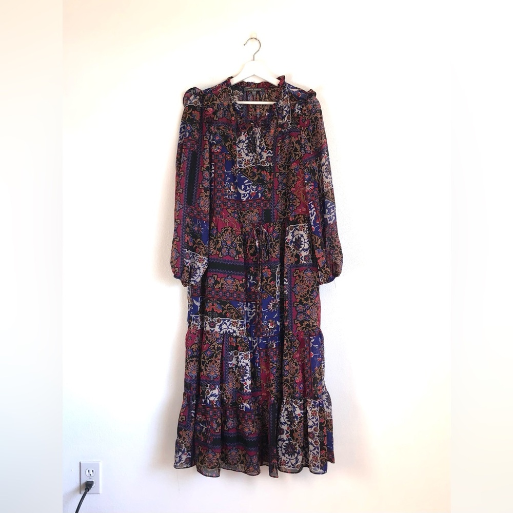 Julia Jordan Dark Floral Ruffle Long Sleeve Tiered Midi Dress Size 8 Autumn Boho